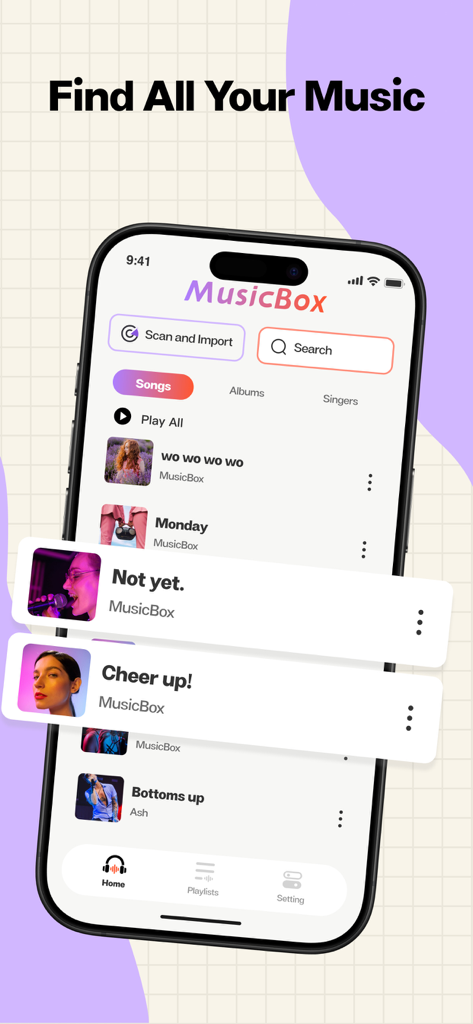MusicBox - MP3 Player&Offline - Tela inicial do aplicativo MusicBox mostrando uma lista de músicas importadas e o recurso de digitalização e importação de música