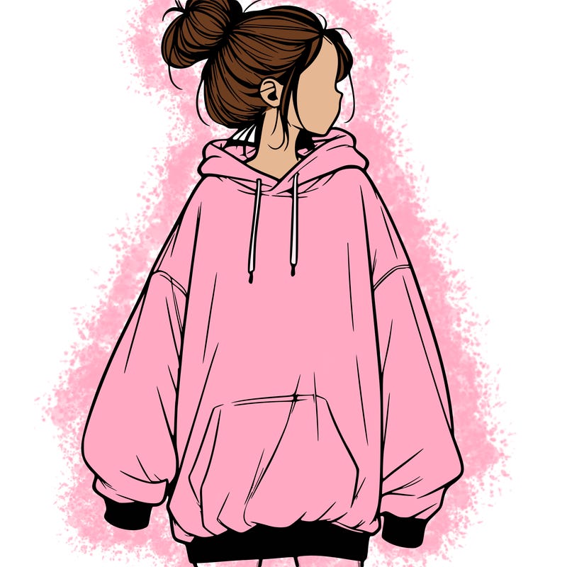 realistic girl with a oversized sweatshirt on and a bun