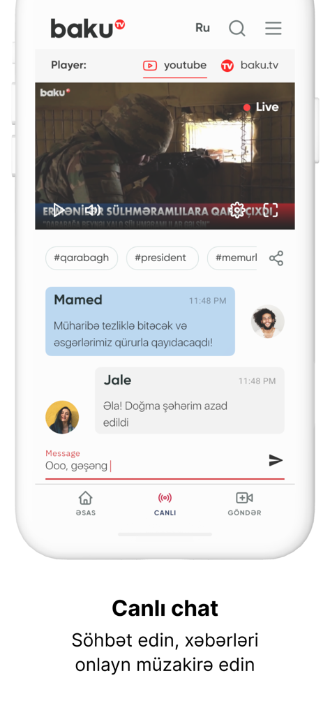 Baku.TV - Interface of the Baku TV app showing a live news broadcast with an integrated user chat.