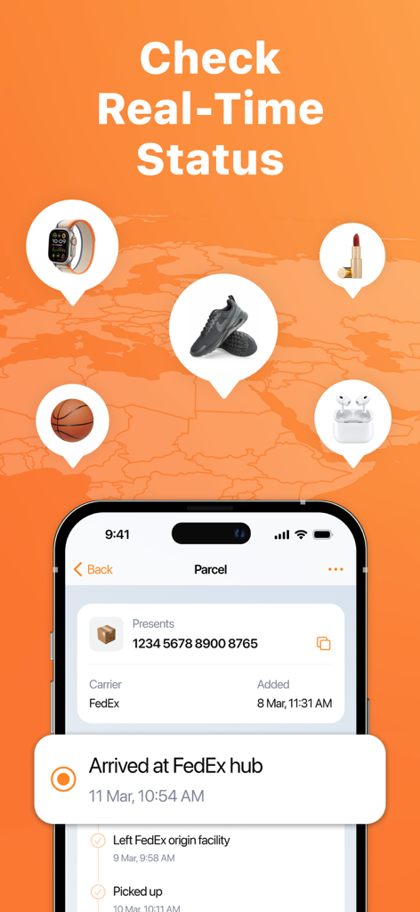 Tracko: Package Tracking App - Interface of the Tracko app showing real-time delivery status and a shipment timeline for a FedEx package