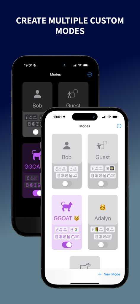 Guest Mode: Lock Apps - Interface of the Guest Mode app showing various custom security profiles for different users
