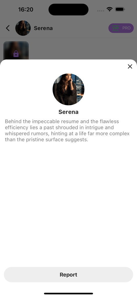 Una ventana emergente de perfil para un personaje de IA llamado Serena en la aplicación Spicy AI, que incluye un retrato y una breve descripción de su historia.