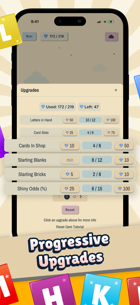 A mobile game screenshot showing the progressive upgrades menu in the Letterlike app