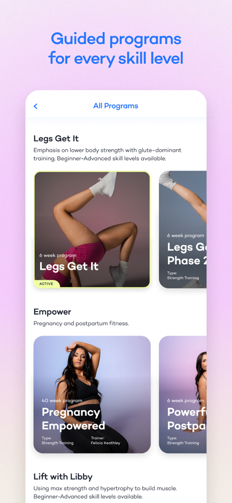 A screen from the Alive app showing various guided workout programs for women including pregnancy and strength training