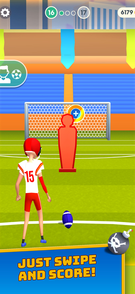 Capture d'écran du gameplay de Flick Goal montrant un joueur visant un tir vers une cible dans un but de football.