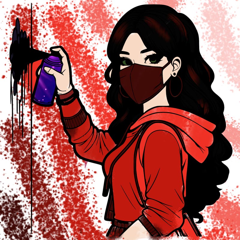 realistic girl with mask spray painting a wall