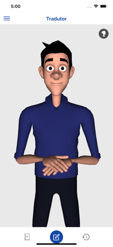Interface of the VLibras app featuring a 3D male avatar used for translating text into Brazilian Sign Language.