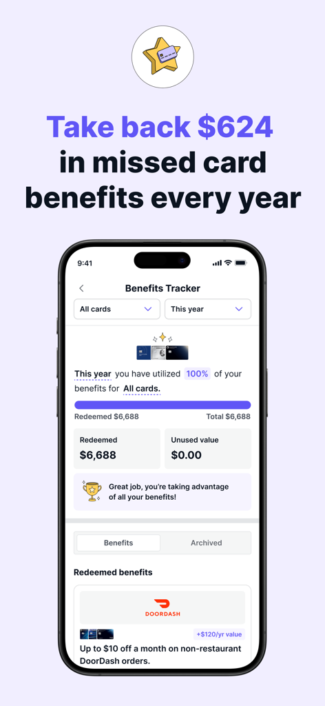 Kudos: Put Your Wallet to Work - Kudos app interface showing a benefits tracker for credit card rewards and perks.