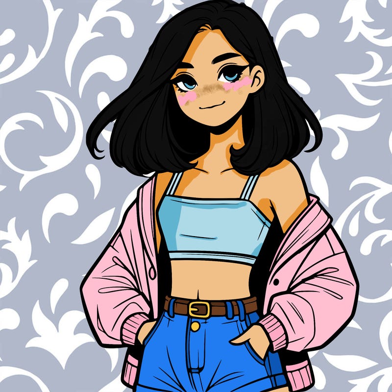 a realistic girl with a crop top and short shorts in an open jacket