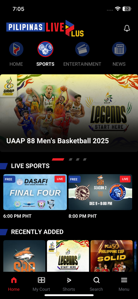 Pilipinas Live Plus - Interface de streaming de desportos Pilipinas Live Plus com basquetebol UAAP