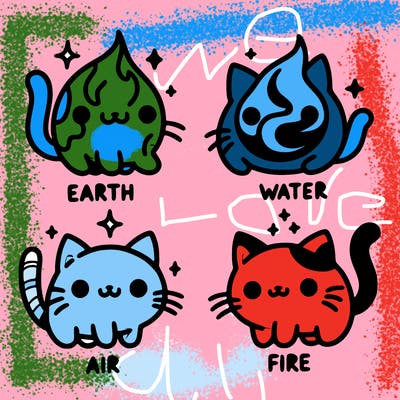 4 cats that represent the different elements, earth, water, air, and fire