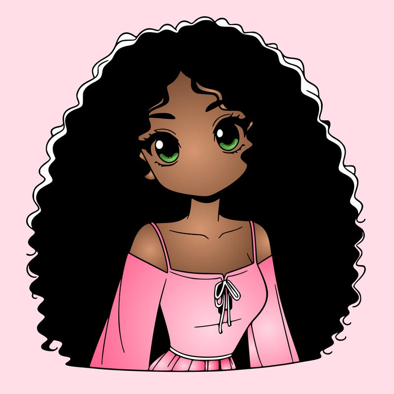 a black anime girl with long afro hair