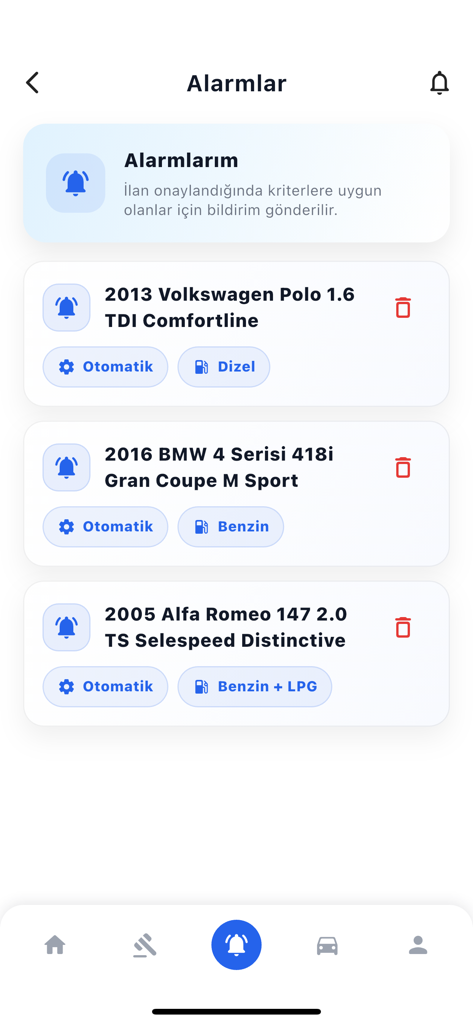 Hızlı Pazar Esnaf - Hızlı Pazar Esnaf app screen displaying a list of saved vehicle search alerts with specific car models and engine details