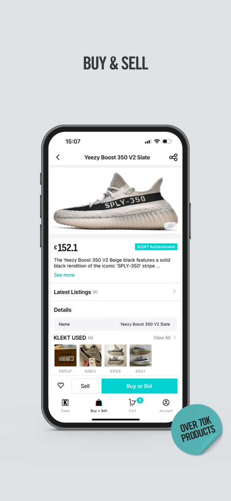 Interface de l'application KLEKT présentant une basket Yeezy Boost 350 V2 Slate avec des options d'achat et de vente.