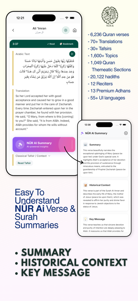Quran Majeed NUR AI & Tafsir - Quran Majeed NUR AI app interface displaying verse summaries with historical context and key messages.