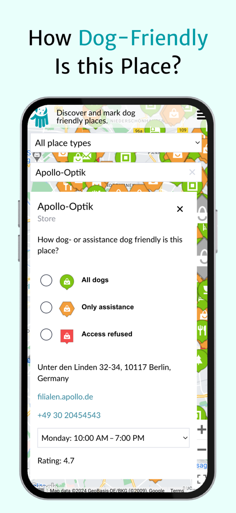 Mobile app interface showing dog friendliness rating options for a business location