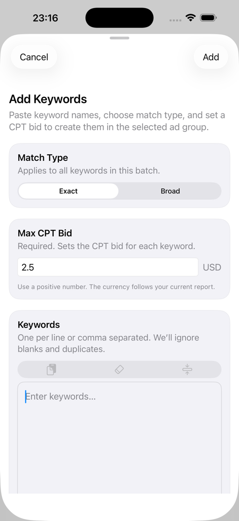 Monitor and Manage Search Ads - Pantalla de adición de palabras clave con opciones de tipo de concordancia y puja CPT