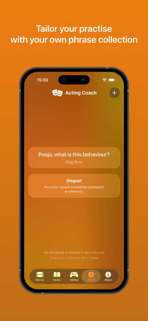 Acting Coach - 액팅 코치 앱의 화면으로, 사용자가 자신만의 사용자 지정 문구 컬렉션을 만들고 연습할 수 있습니다.