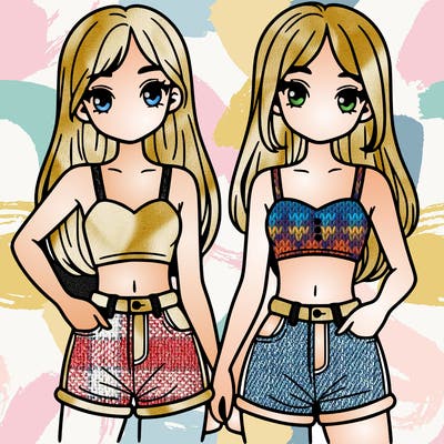 two sisters with crop tops and jean shorts and straight hair