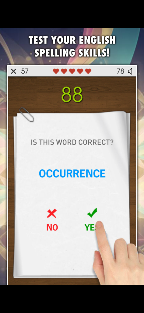 Spelling Master PRO 게임 화면에서 단어 발생이 올바르게 철자되었는지 묻는 질문