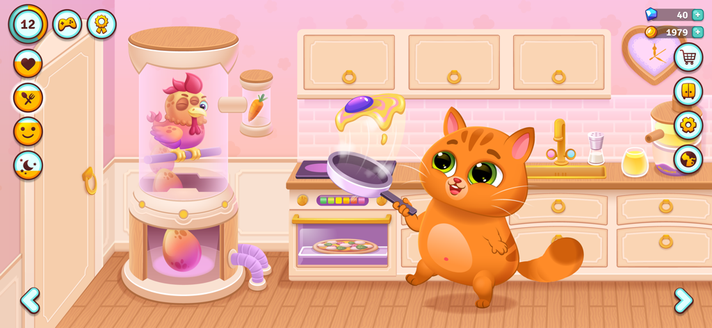 Bubbu the virtual cat flipping a pancake in a colorful kitchen with a pizza in the oven