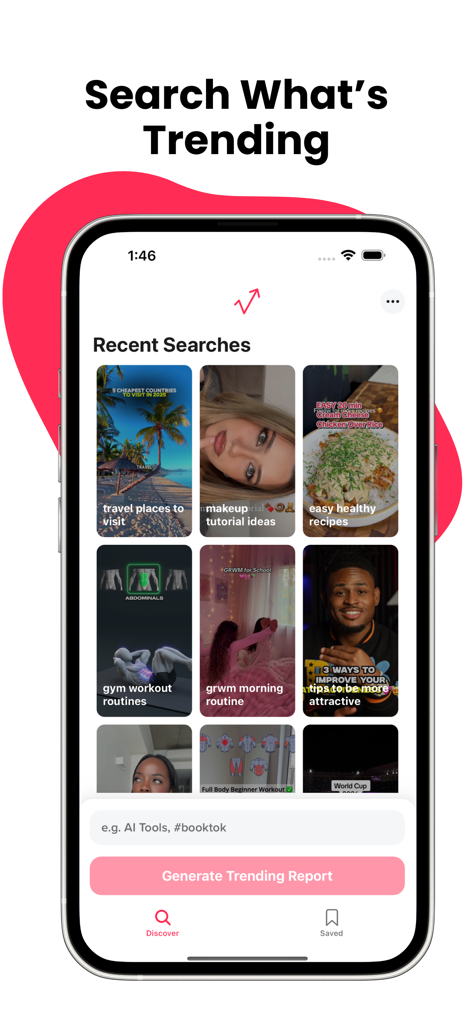ViralFinder - Trending Content - Schermata dell'app ViralFinder che mostra le tendenze popolari dei social media e le opzioni di ricerca