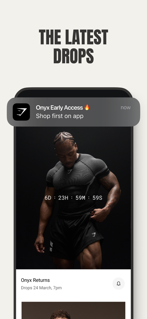 Gymshark app interface showing early access notification and countdown for the latest product drops.