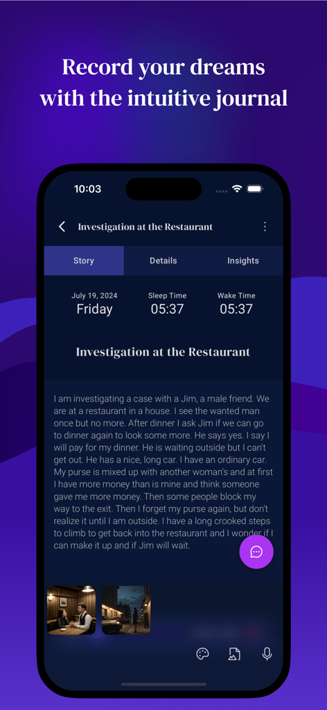 DreamMuse - DreamMuse app interface displaying a recorded dream story titled Investigation at the Restaurant