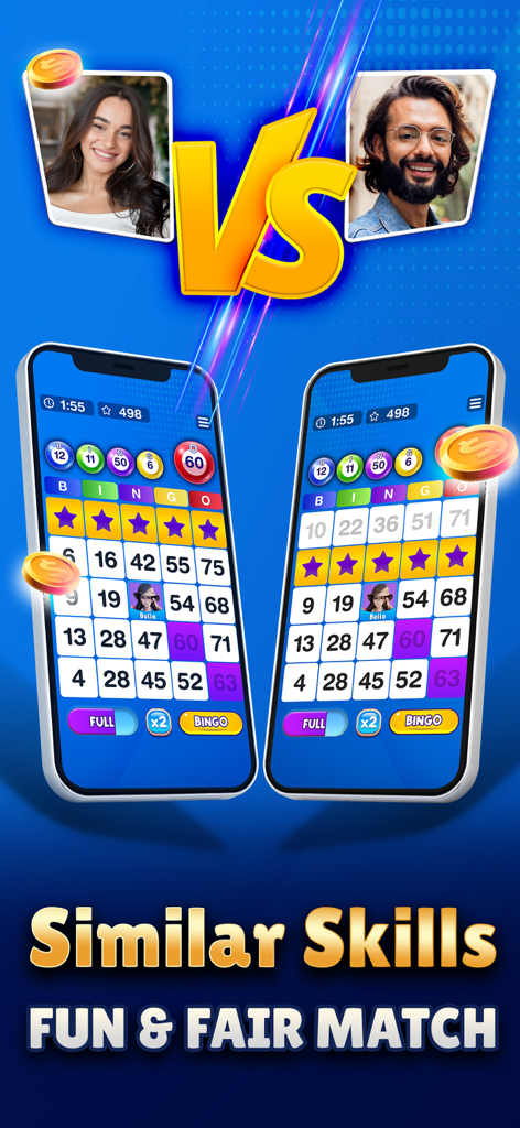 Bingo Win Real Money Play - Écran de match de bingo compétitif montrant deux joueurs et des cartons de bingo identiques pour un jeu équitable basé sur les compétences.