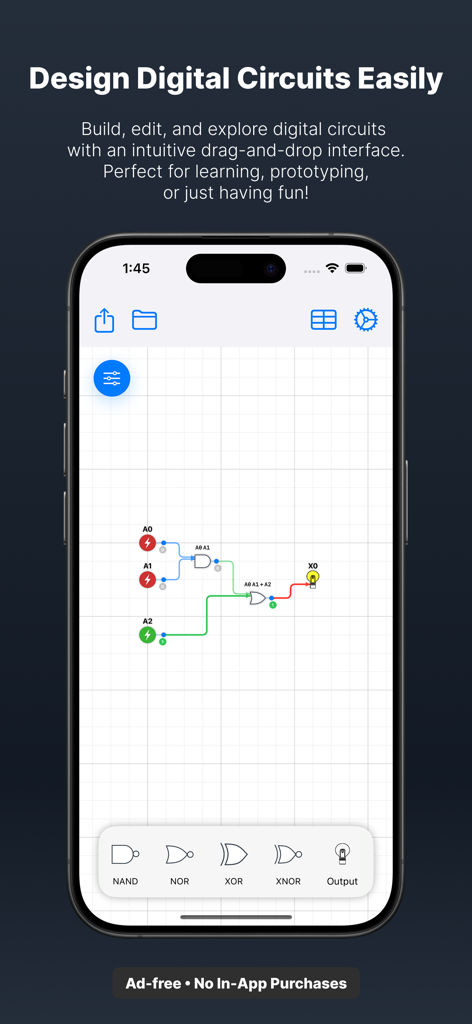 Logic Circuits Simulator - A mobile interface for designing digital logic circuits with gates and connectors on a snap grid