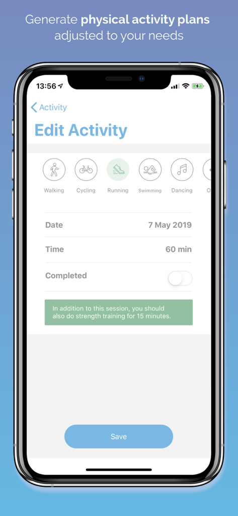 SocialDiabetes - Diabetes app - Interface do aplicativo SocialDiabetes para registrar e gerenciar atividades físicas ajustadas às necessidades do usuário