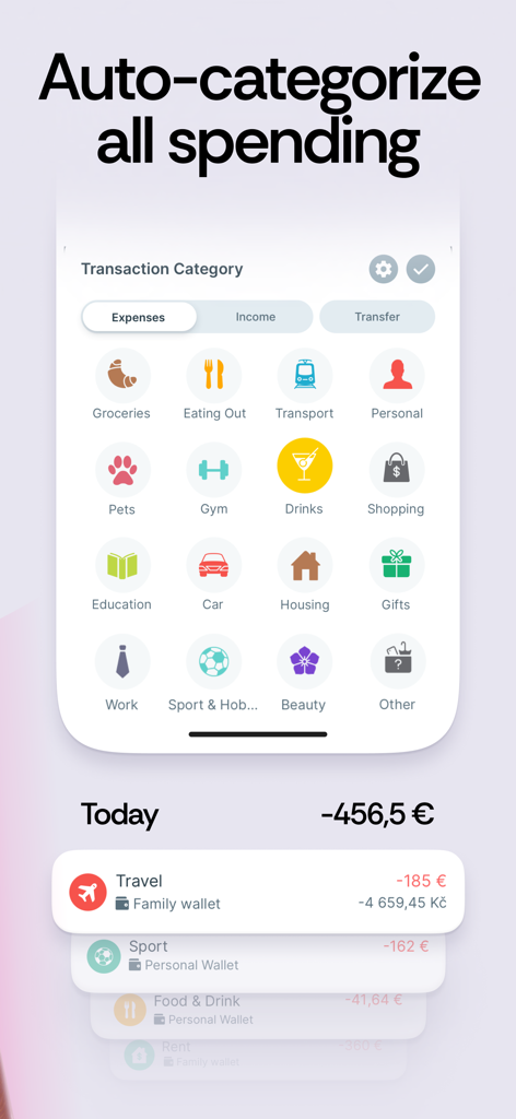 Expense & Budget App: Spendee - Spendee app screen showing various transaction categories and daily spending history with auto-categorization feature