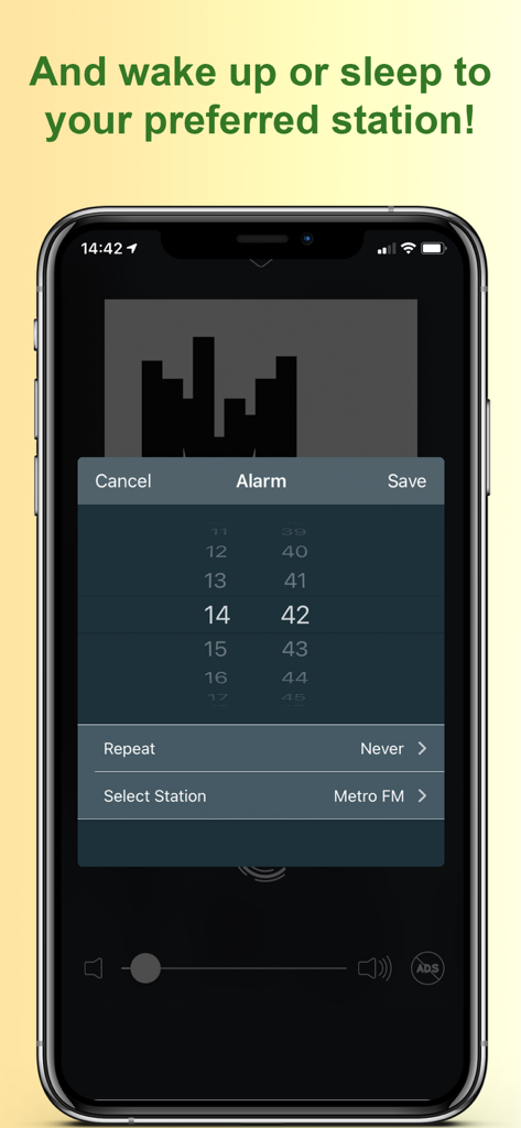 Radio South Africa - FM | AM - Interfaz de configuración de alarma en la aplicación Radio Sudáfrica que permite a los usuarios despertarse con estaciones en vivo como Metro FM.