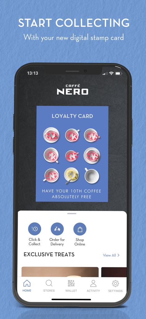 Caffe Nero mobile app screen showing a digital loyalty stamp card with coffee cup icons and click and collect options
