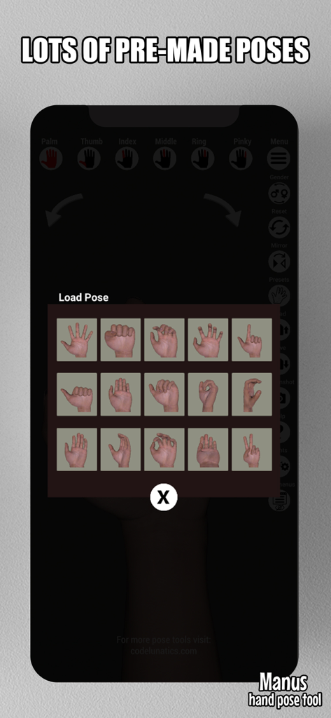 A menu in the Manus app displaying a grid of various pre-made 3D hand poses for drawing reference.