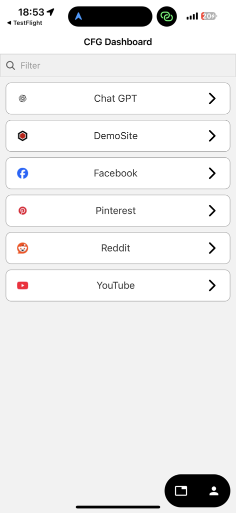CyberFox Guard - Panel de CyberFox Guard mostrando una lista de portales de acceso seguro para plataformas como ChatGPT y Facebook.