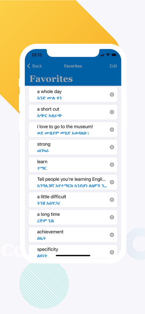 Amharic: Learn 12 Languages - Schermata dei preferiti di un'app di apprendimento dell'Amarico che mostra frasi italiane tradotte in scrittura amarica