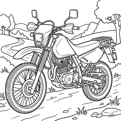 This detailed coloring page features a rugged dual sport motorcycle ready for an exciting journey on a winding trail. Perfect for motorcycle enthusiasts and coloring fans, it invites you to bring this adventurous ride to life with your favorite colors.