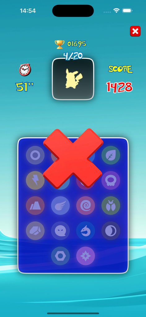PokéQuiz - Um 'X' vermelho sobre uma grade de tipos elementais no PokéQuiz indicando uma resposta incorreta para a silhueta de um Pikachu.