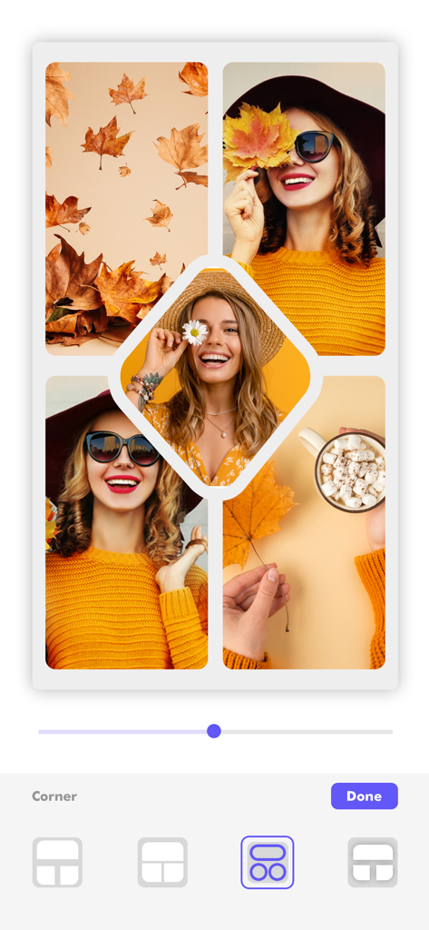 Photo Collage Maker・ - フォトコラージュメーカーアプリのインターフェースは、複数の写真とコーナー調整ツールを備えたスタイリッシュな秋をテーマにしたレイアウトを特徴としています。