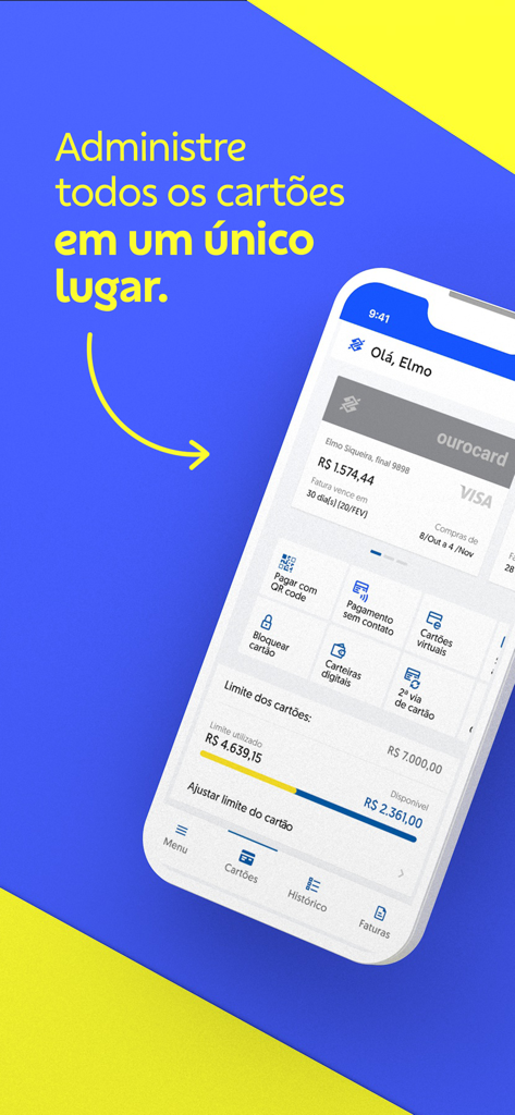Ourocard - Cartão de crédito. - Ourocard app interface showing credit card management and spending limit tracking