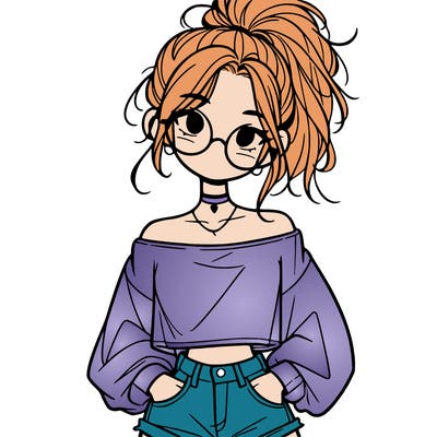 girl with a messy ponytail glasses a baggy crop top and jean shorts