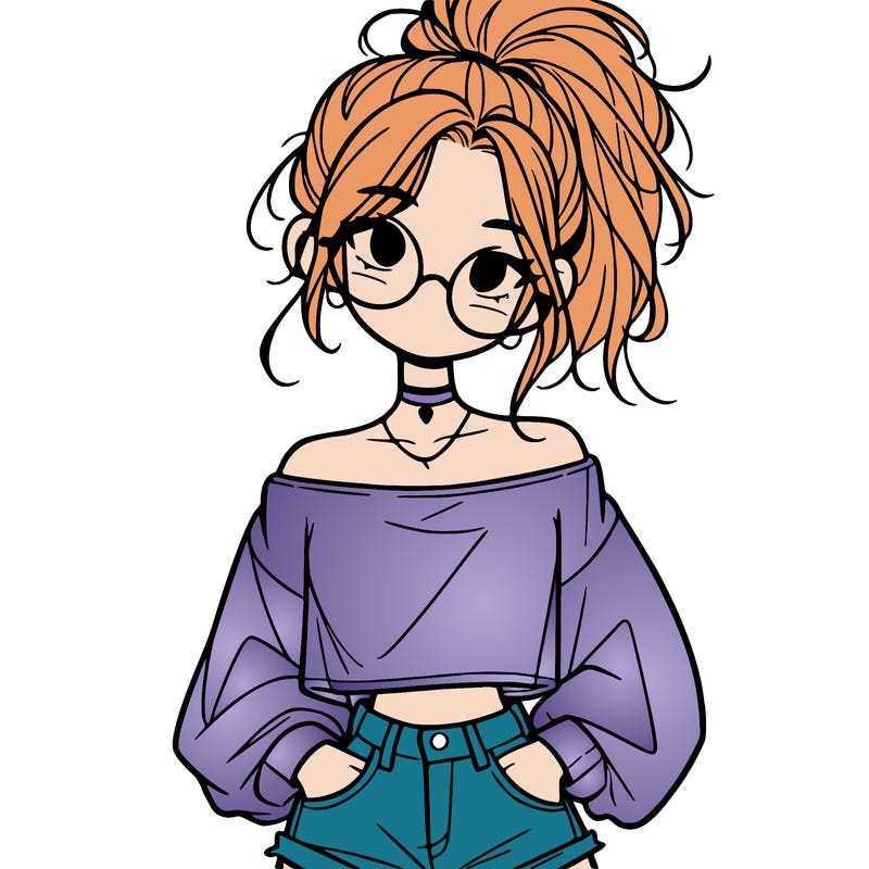 girl with a messy ponytail glasses a baggy crop top and jean shorts