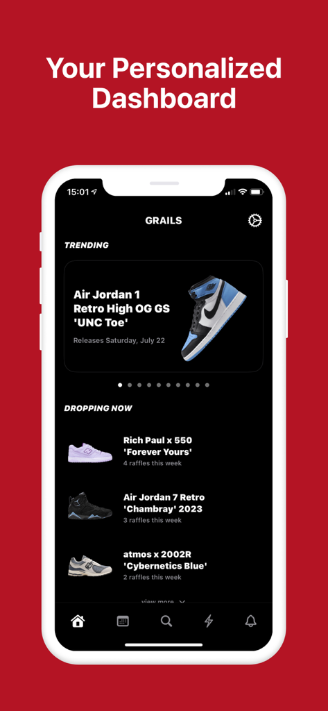 Interfaz de la aplicación móvil Grails que muestra un panel personalizado con lanzamientos de zapatillas de moda y próximos.