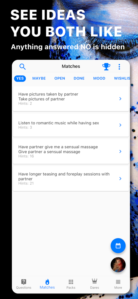 Spicer - Sex Ideas For Couples - Pantalla de la aplicación Spicer mostrando ideas de intimidad mutua para parejas