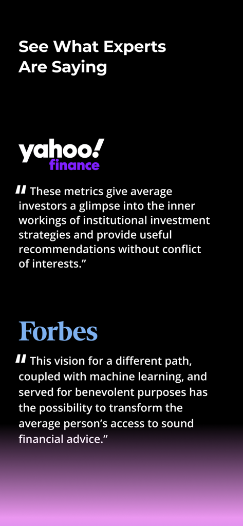 Prospero.Ai - AI Stock Trading - App screen showing expert testimonials for Prospero.Ai from Yahoo Finance and Forbes.