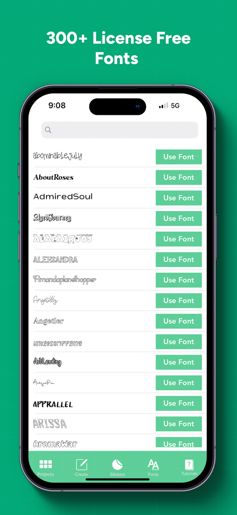Screenshot dell'app Design Creator Space che mostra una selezione di font artistici esenti da licenza per progetti fai-da-te.