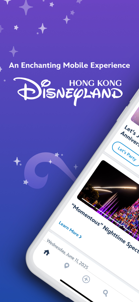 Hong Kong Disneyland - 모멘터스 나이트타임 스펙태큘러 쇼를 보여주는 공식 홍콩 디즈니랜드 앱 인터페이스
