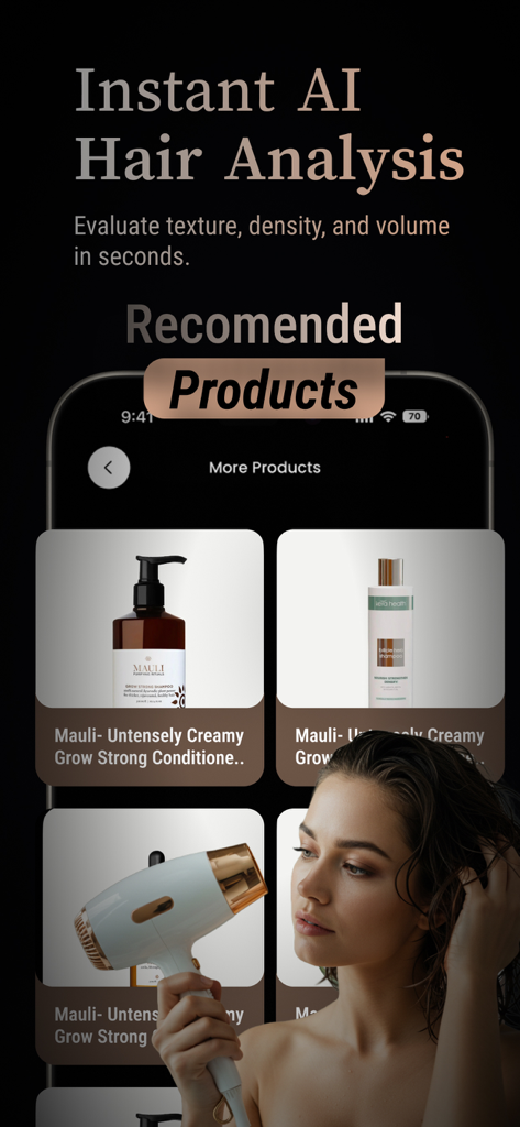 Hairlytics: AI Hair Analysis - Hairlytics App-Bildschirm mit empfohlenen Haarpflegeprodukten basierend auf KI-Haaranalyse
