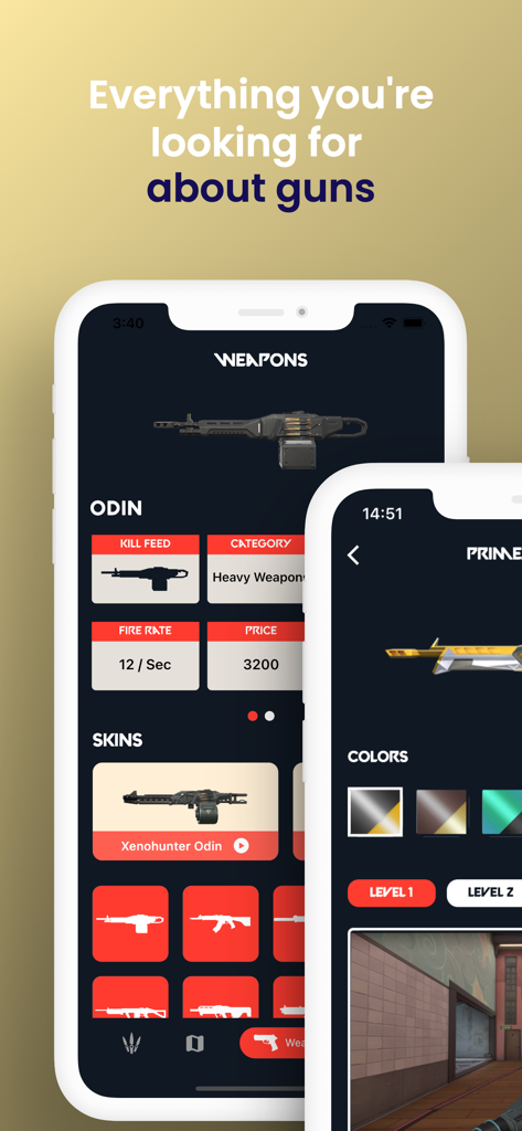 Handbook for Valorant - Handbook for Valorant mobile app interface showing weapon statistics and skins for the Odin machine gun.